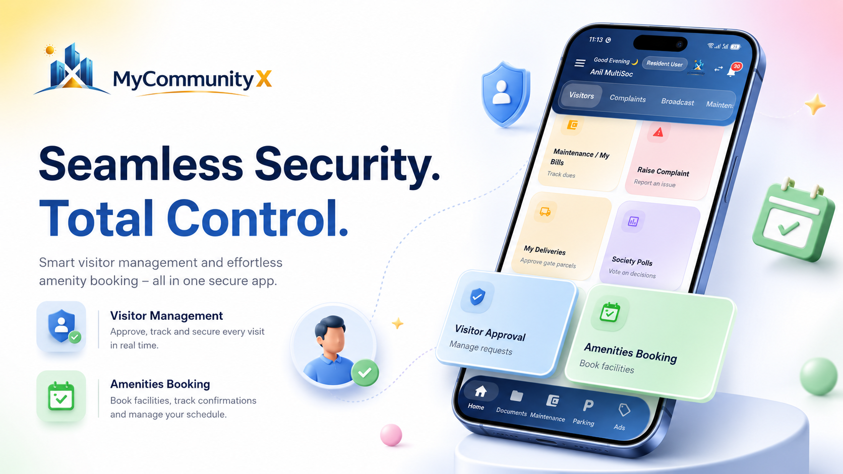 MyCommunityX app modules for visitor approvals, billing, and community operations